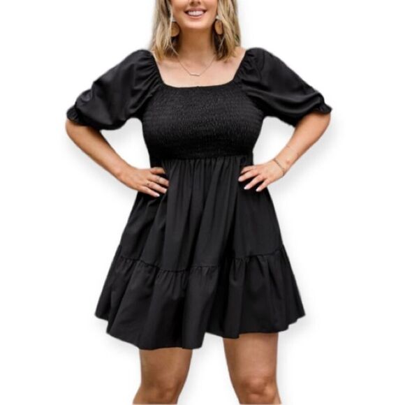 Macy's & Now This Spring Smocked Short Puff Sleeve A-Line Dress Black Large New - Picture 1 of 14